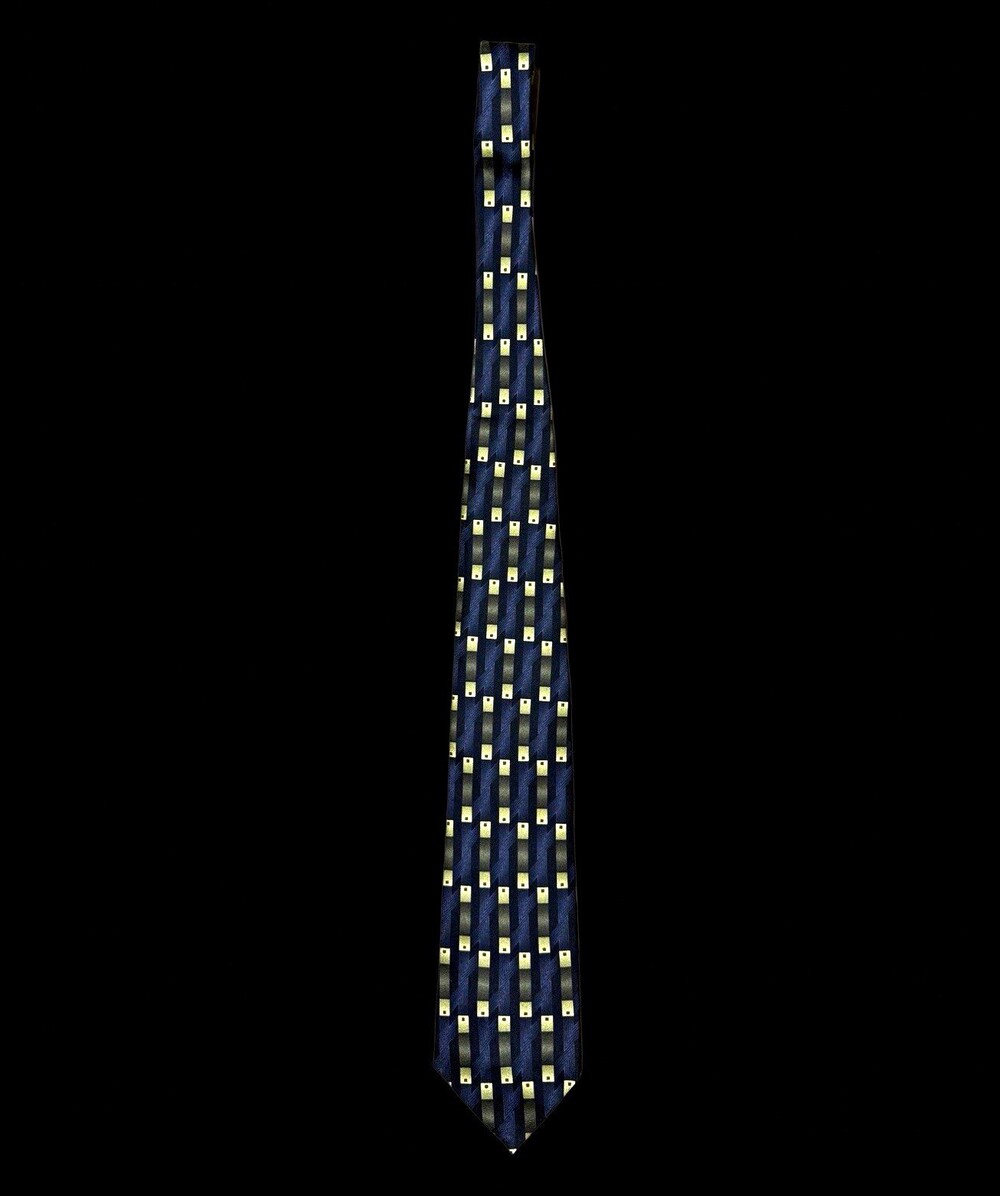 Vintage Louis Roth 100% Silk Tie Made USA Navy Gold Geometric Jacquard Necktie